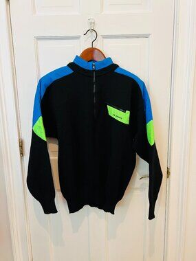 Vintage 80s 90s Sweater CB Sports Neon Green Blue Wool Ski Sweater Men's Large